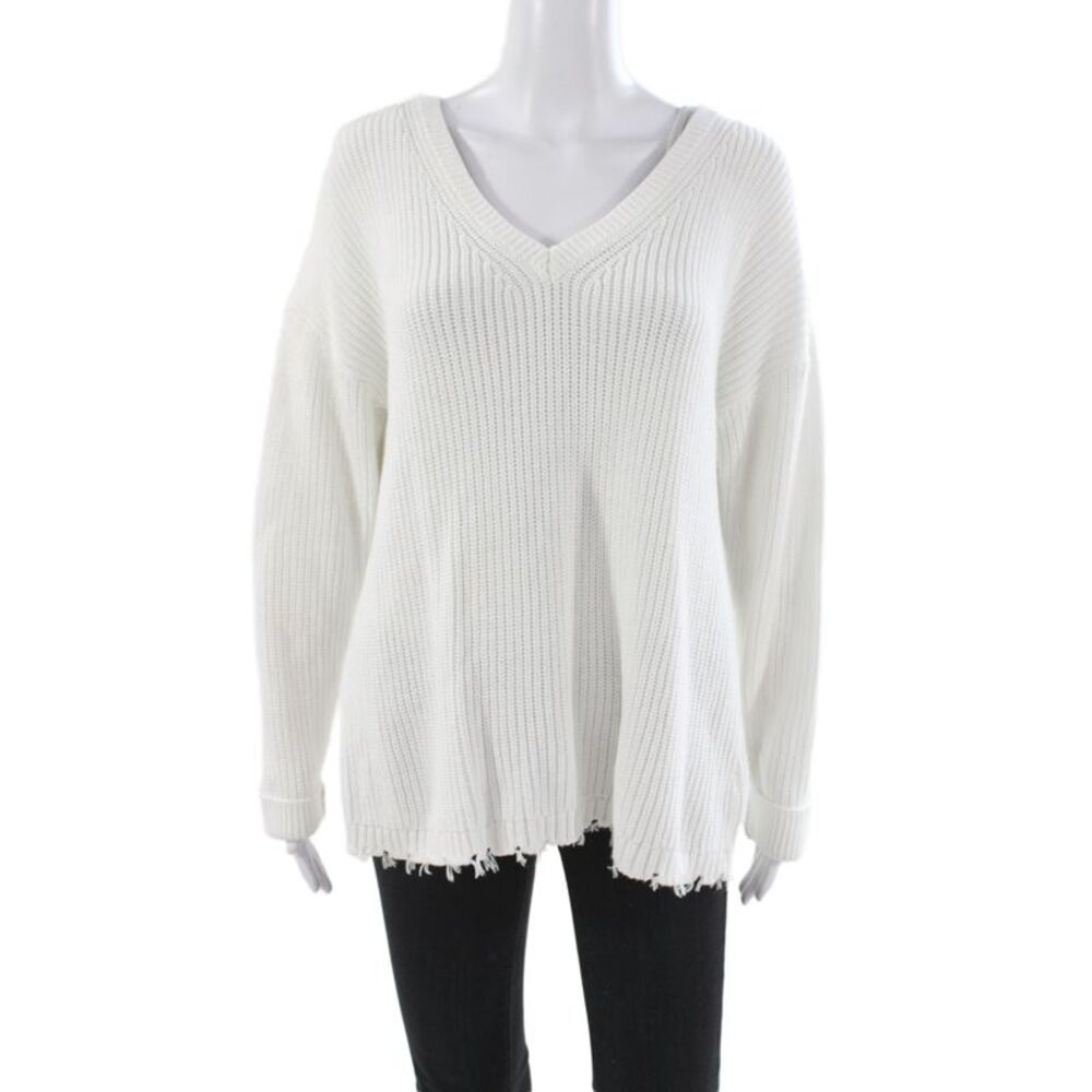J. Society Women Pullover Sweater White Cotton V-Neck Long Sleeve Size L